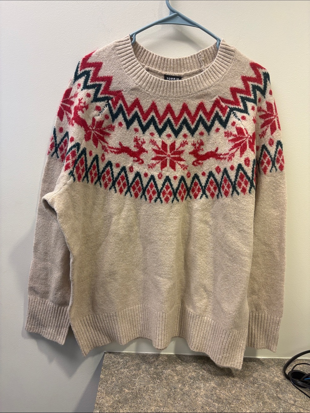 torrid Beige Fair Isle Crewneck Sweater with Red & Green Pattern